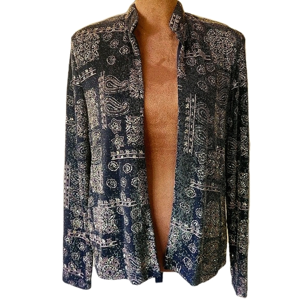 Vintage MSK Cardigan‎ Stretch Size M Black Gold Glitter 90s Dressy Lightweight